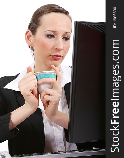 Close-up of a working woman holding a cup. Close-up of a working woman holding a cup