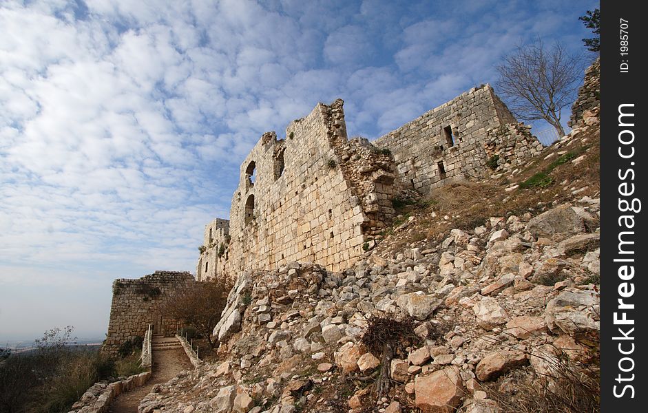wide angle view of ruins of old castle