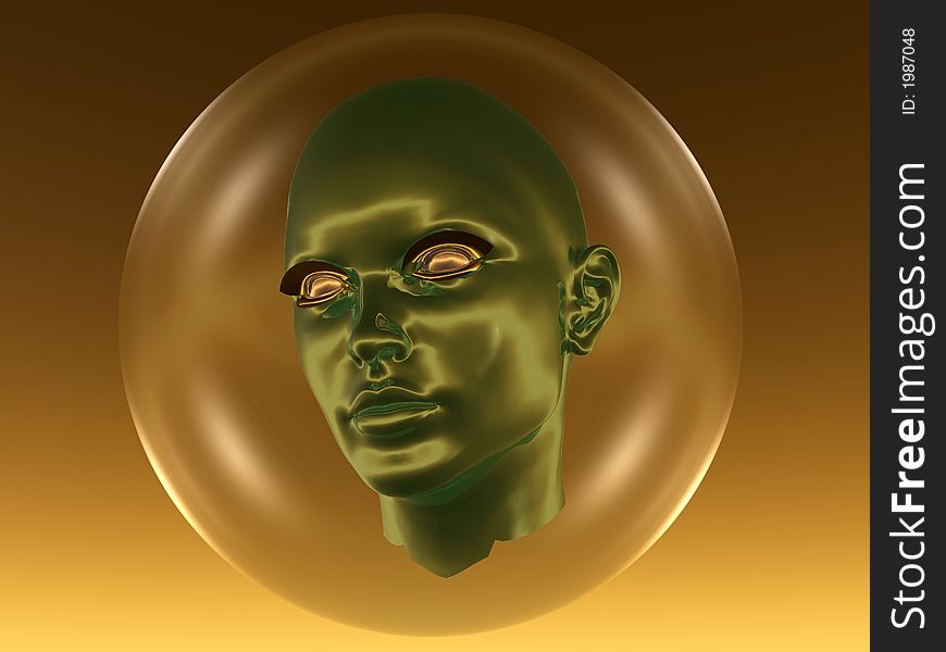 3D head in a transparent sphere - futuristic scene. 3D head in a transparent sphere - futuristic scene.