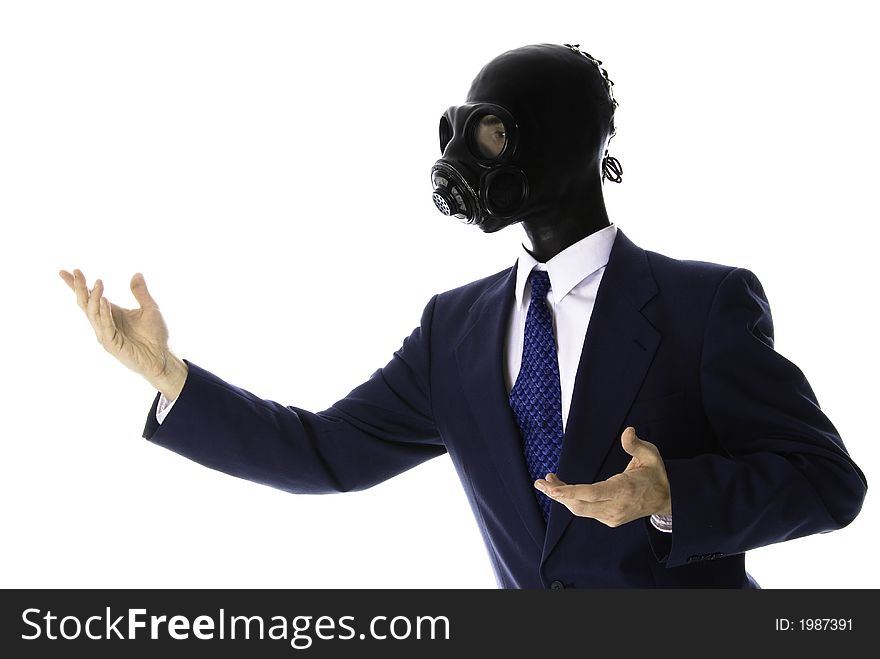 Man in a blue suit with mask checking himself out. Man in a blue suit with mask checking himself out