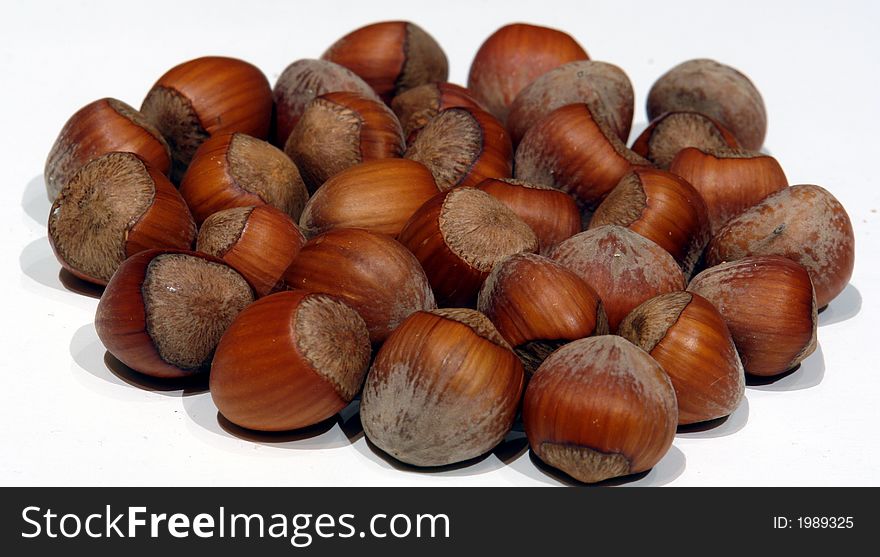 Hazelnuts or filberts on a white background. Hazelnuts or filberts on a white background
