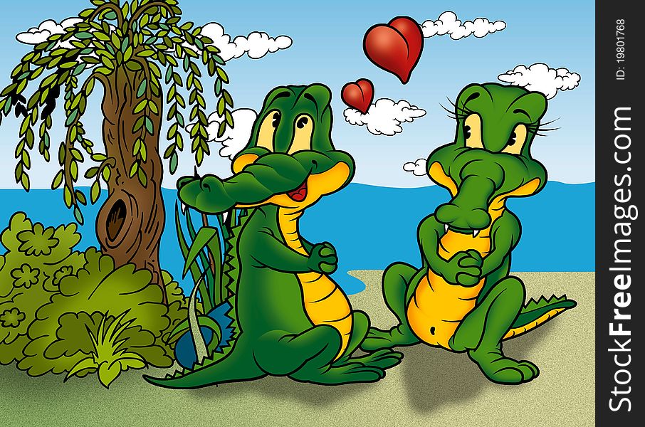 Two Crocodilie - Cartoon Background Illustration, Bitmap