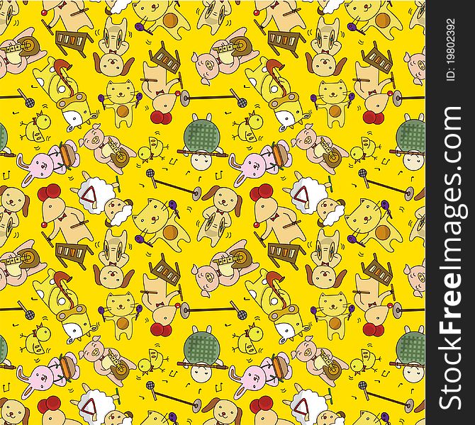 Seamless Cartoon Animal Play Music Pattern