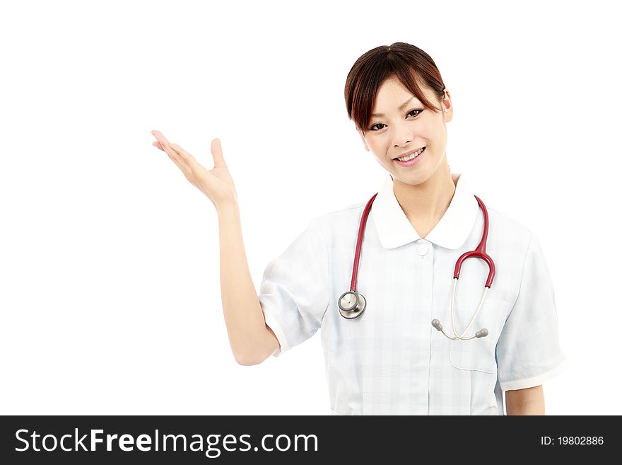 Young japanese female nurse hand showing blank sign. Young japanese female nurse hand showing blank sign