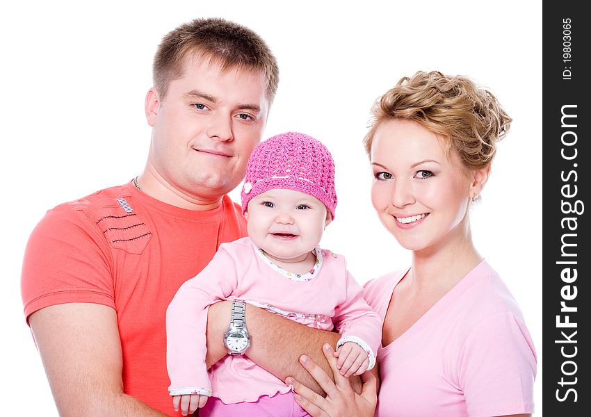 Happy young famile with beautiful baby on white background
