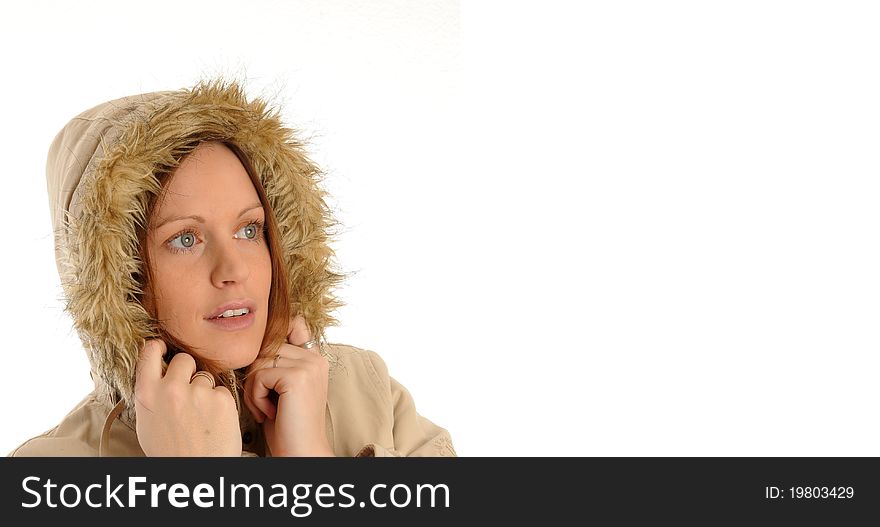 Young woman wearing winter clothes. Isolated over white.