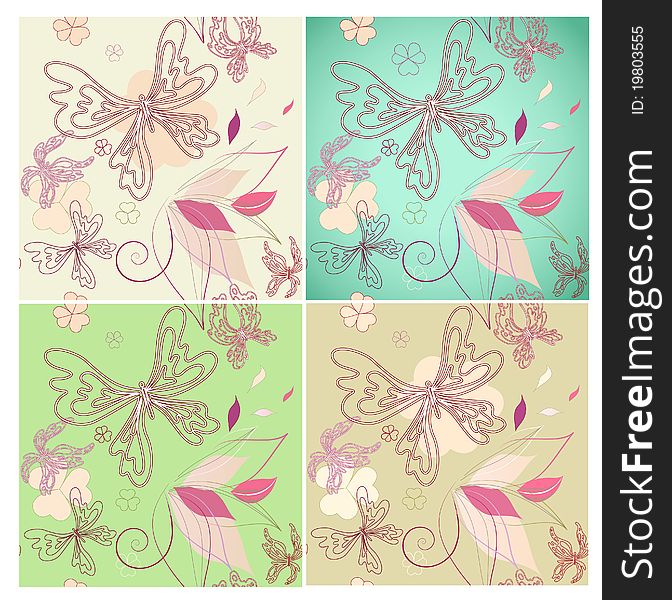 Four seamless floral background with butterfly and dutch clover. Four seamless floral background with butterfly and dutch clover