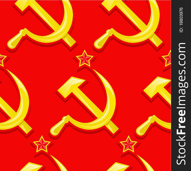 Seamless pattern or wallpaper with the symbol of the communistic russia, the soviet union, the hammer and the sickle on red background. Seamless pattern or wallpaper with the symbol of the communistic russia, the soviet union, the hammer and the sickle on red background