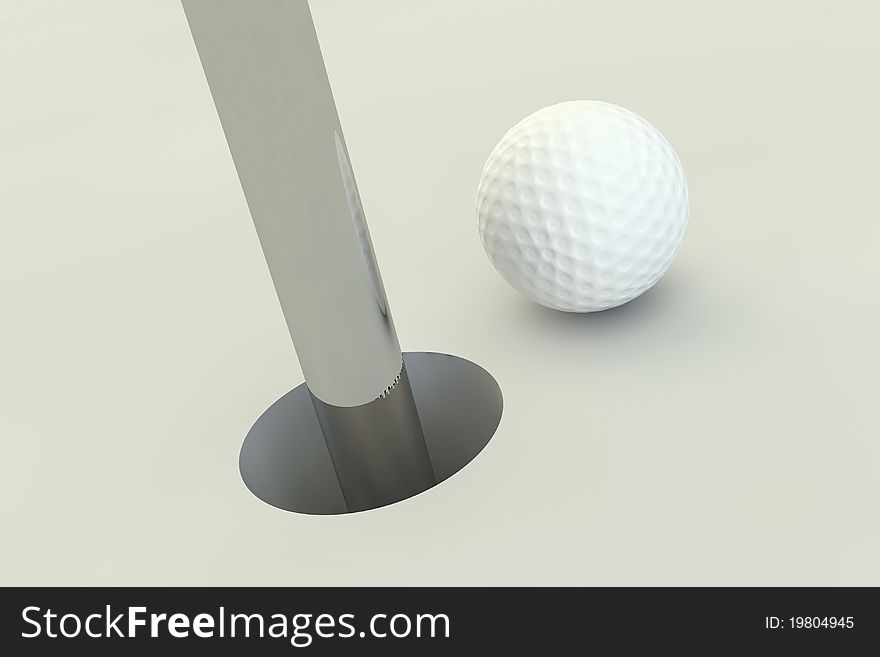 3d golf ball standing to the hole