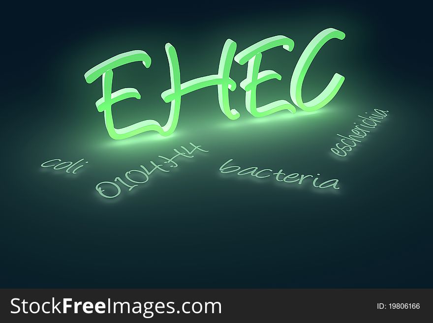 3D rendering of EHEC coli bacteria text. A currently ongoing Escherichia coli O104:H4 bacterial outbreak began in Germany in May 2011.