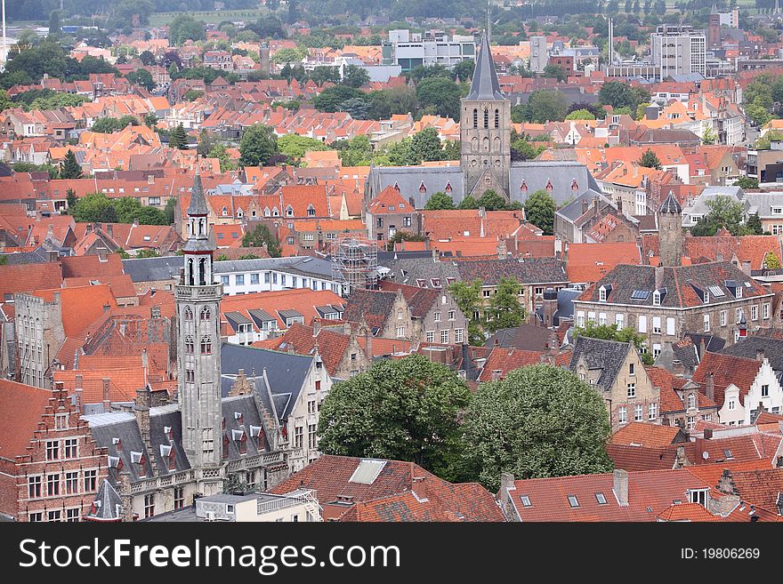 The bruges landmarks represented by the medieval churches seen from the Town hall Tower.