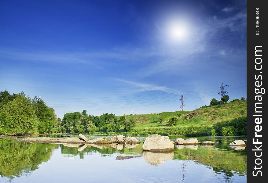 Small River And Hills By Summer.