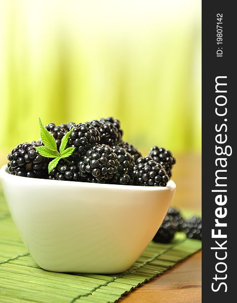 Blackberries in a white bowl on a green pad on the light green background. Blackberries in a white bowl on a green pad on the light green background