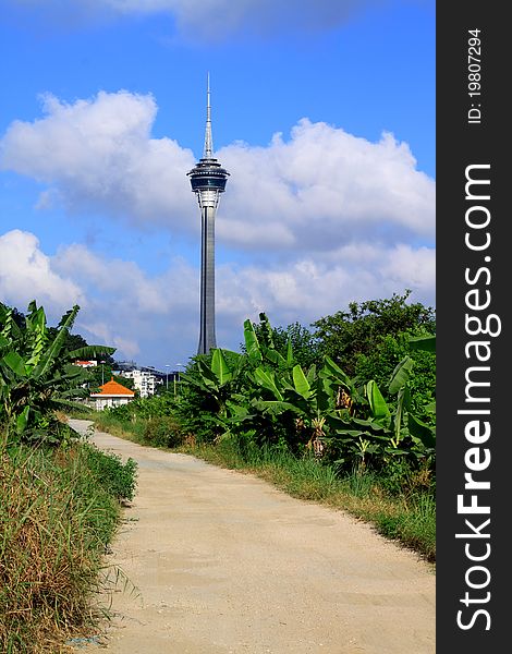 Macao tower looking from Zhuhai. The road looks go to the tower, but a military sentry stops it.