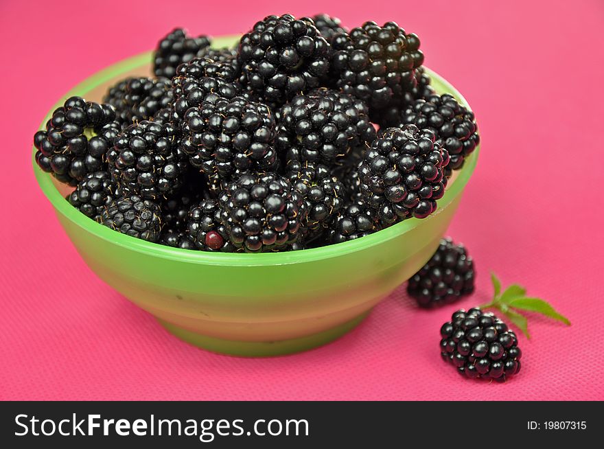 Blackberries in a green bowl on a pink background. Blackberries in a green bowl on a pink background