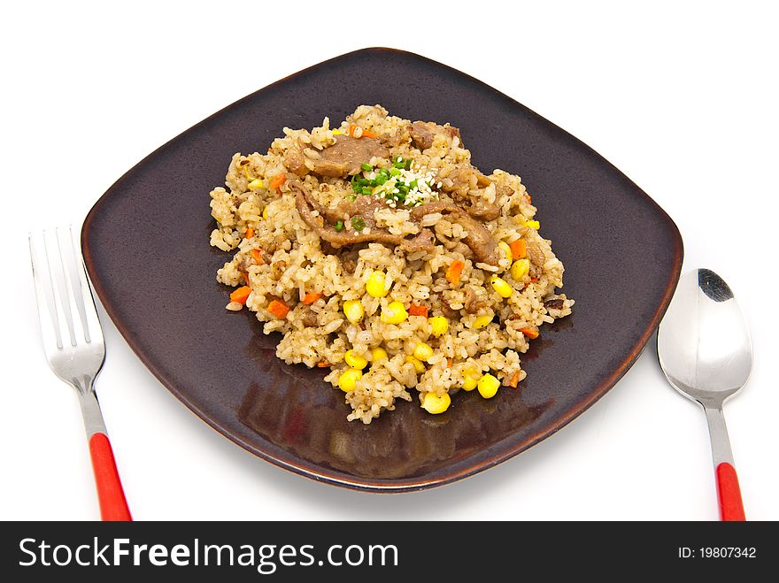 Fried rice with pork and vegetable on the plate, japan food style