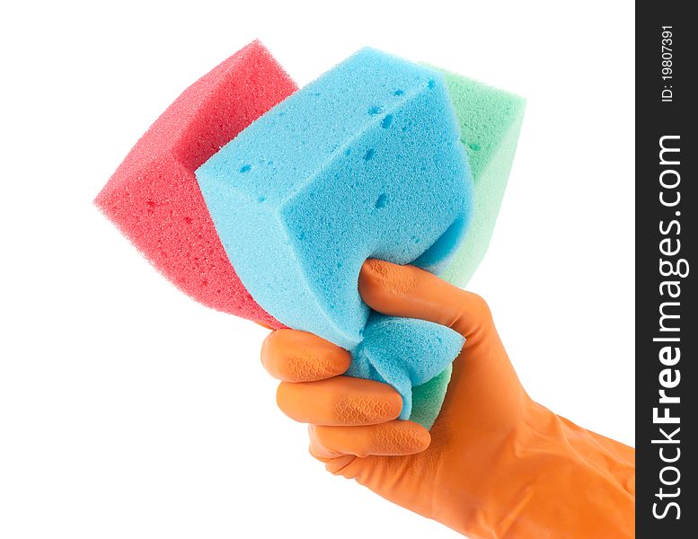Hand in glove holding washing sponges, isolated over white