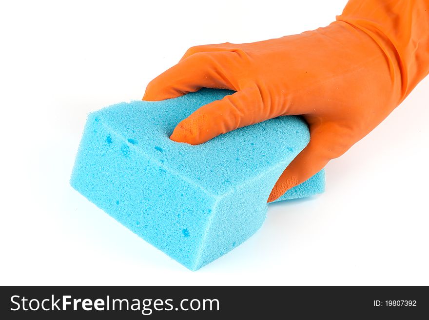 Hand in orange glove with sponge isolated on white background