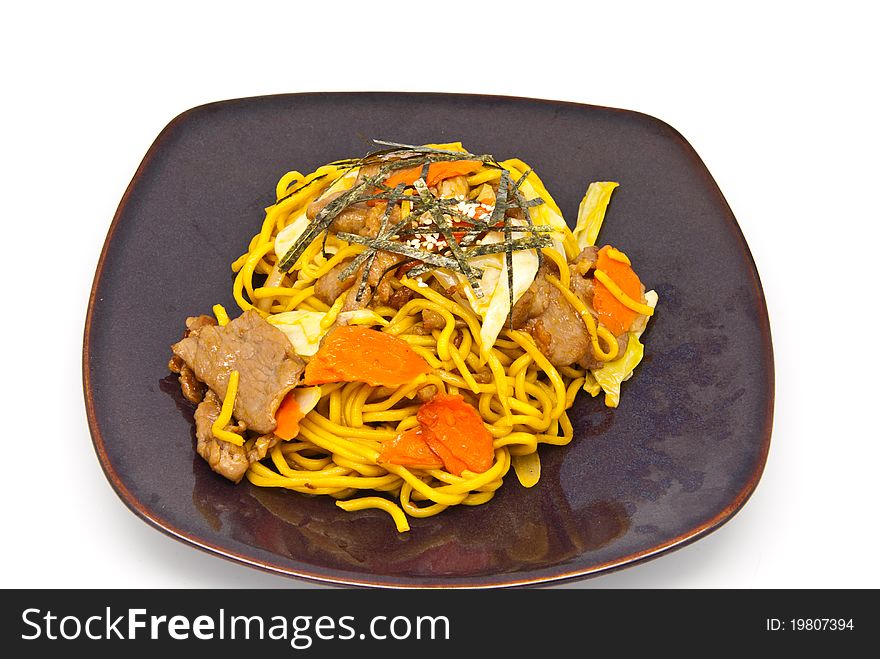 Japanese food style , Noodle in the plate on white background. Japanese food style , Noodle in the plate on white background