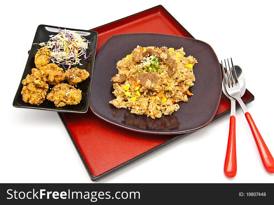 Bento, Japanese food style , fried chicken and fried rice on white background