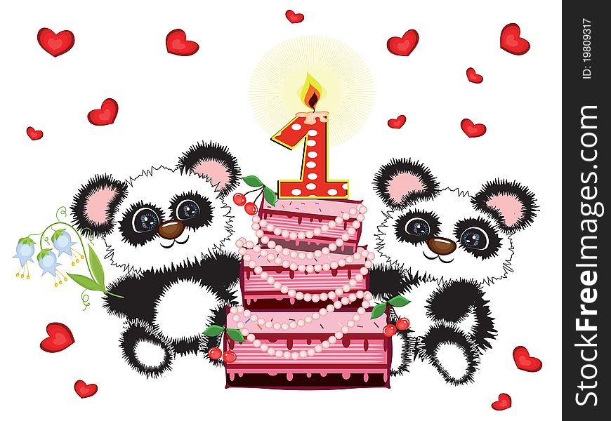 Birthday card with pandas and cake. Birthday card with pandas and cake