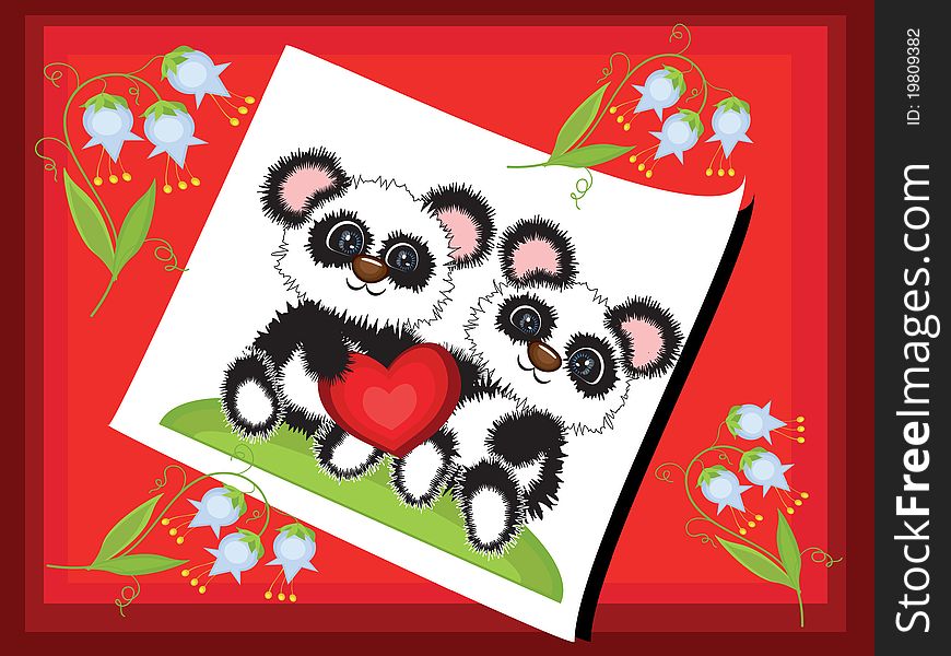 Red postcard with pandas and flowers