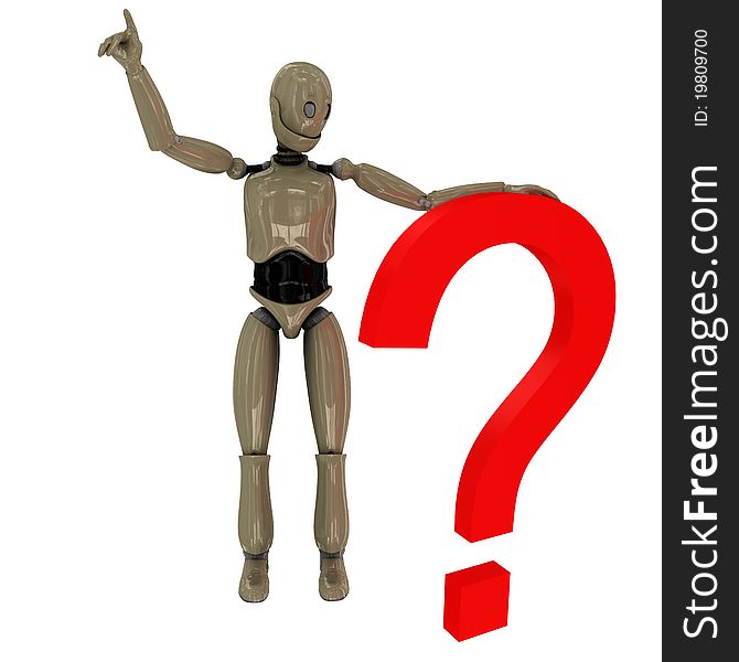 Manikin robot and question mark on white background