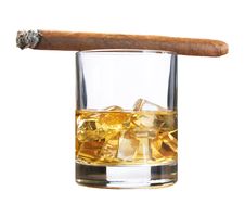 Whiskey With Ice And Cigar, Isolated On White Royalty Free Stock Image Whiskey With Ice And Cigar, Isolated On White Royalty Free Stock Image