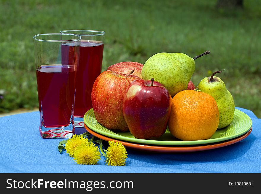 Plate of Fruits on the Garden Table. Plate of Fruits on the Garden Table