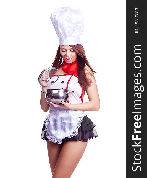 brunette cook wearing uniform and holding a pot, isolated against white background. brunette cook wearing uniform and holding a pot, isolated against white background