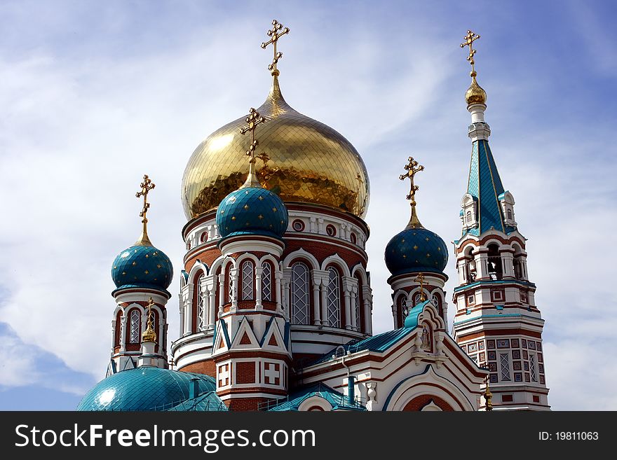 Big White church and blue sky, background, Russia