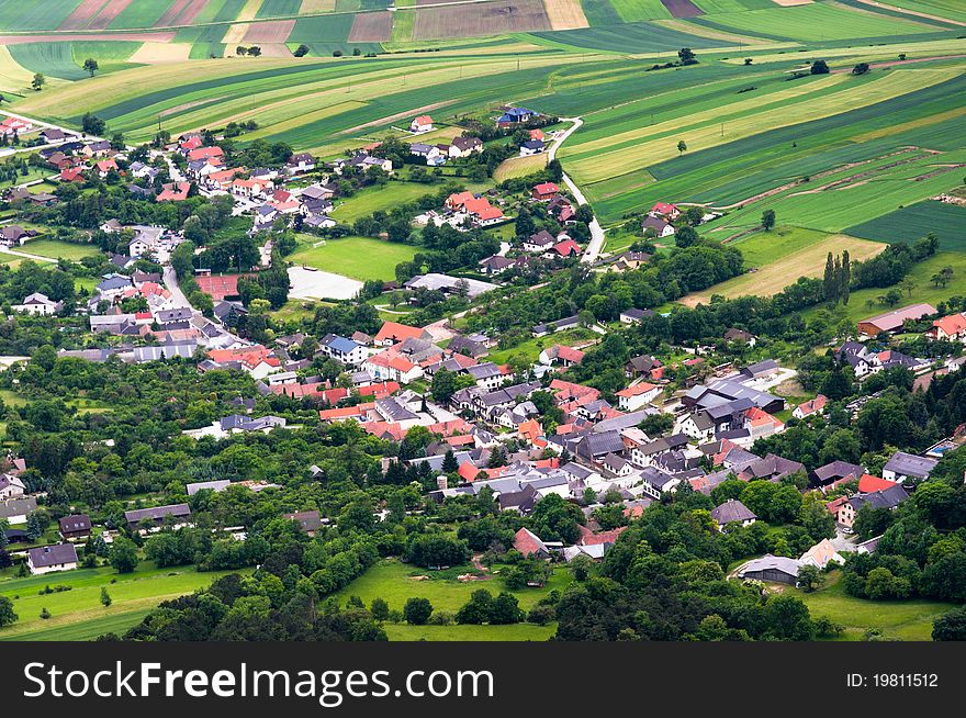 A small town sorrunded by fields in Austria