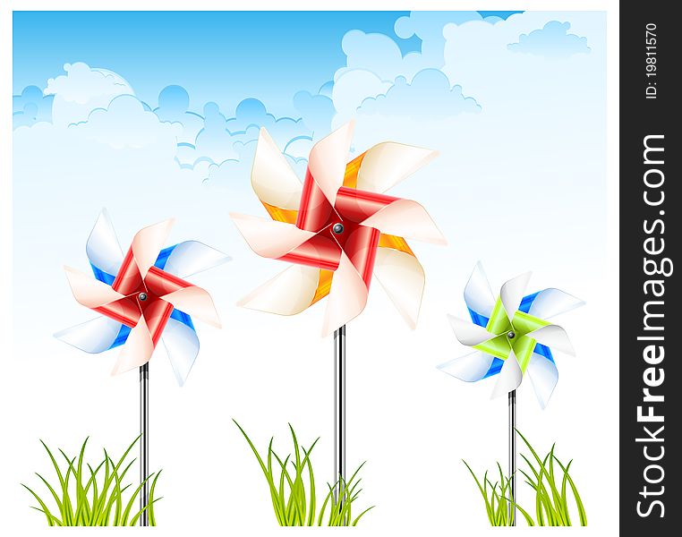 Three color pinwheel toys on sky background, illustration. Three color pinwheel toys on sky background, illustration