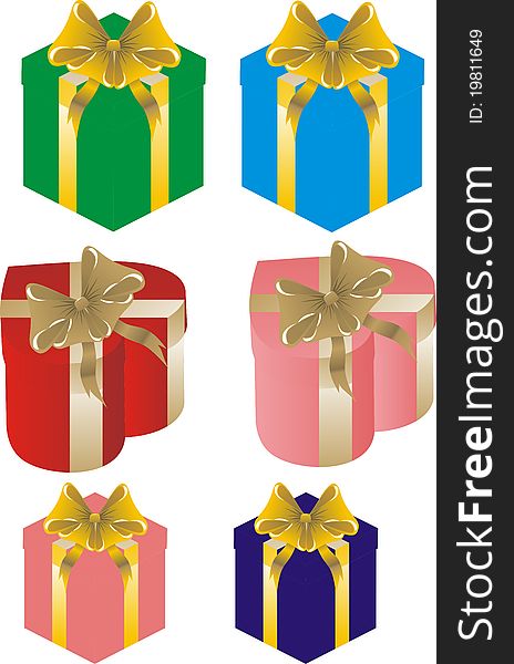 Gift boxes of blue, red, green, pink with yellow and gold ribbons, the