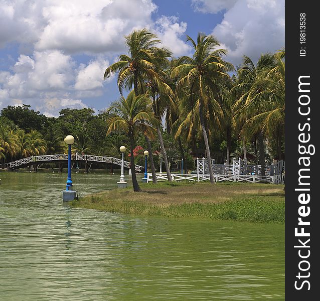 Small island with palms and street lanterns in park. Small island with palms and street lanterns in park