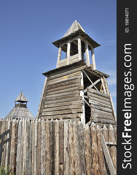 Wooden watchtower. Medieval defensive structure. Old Russian architecture.