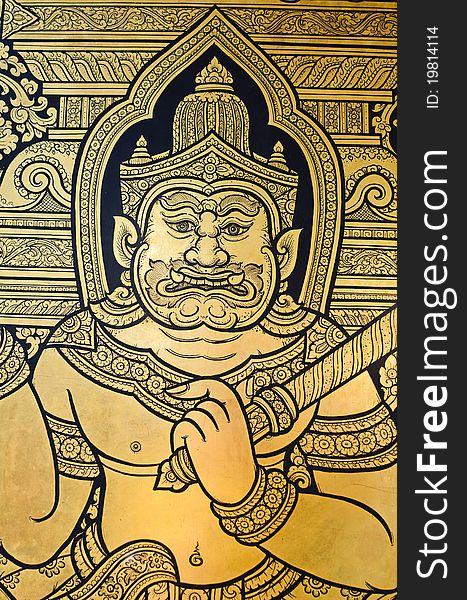 Ancient Thai style art painting on wall in Buddha Temple in Thailand
