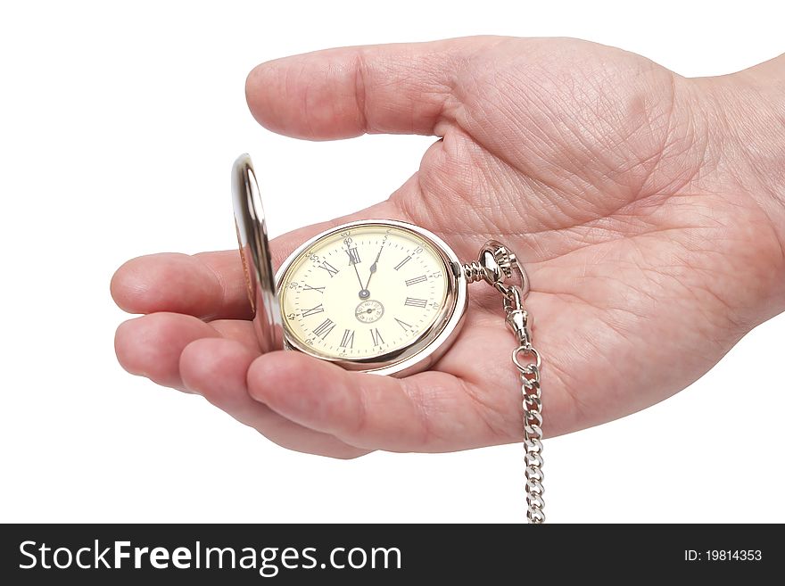 Isolated hand holding a pocket watch