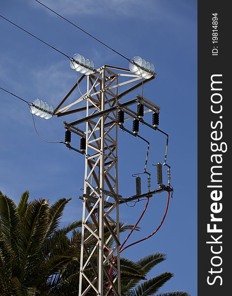 A small power pylon with blue sky and tropical foliage behind