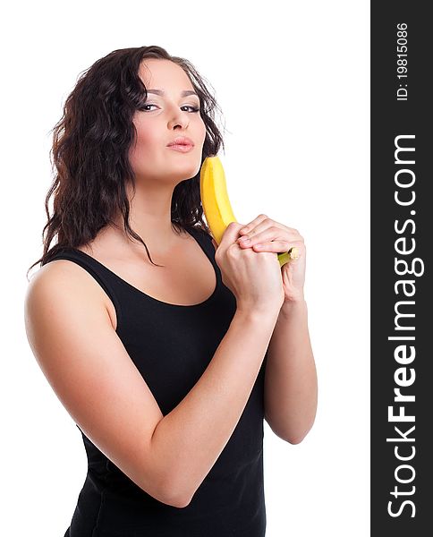 Beauty young woman with banana gun isolated. Beauty young woman with banana gun isolated