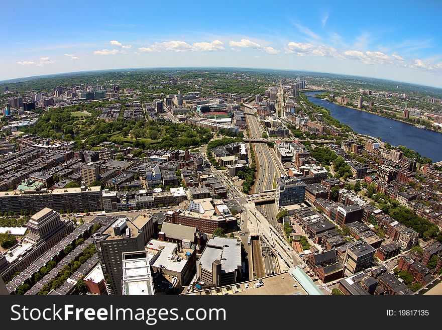 Aerial view of Boston in Massachusetts in the summer.