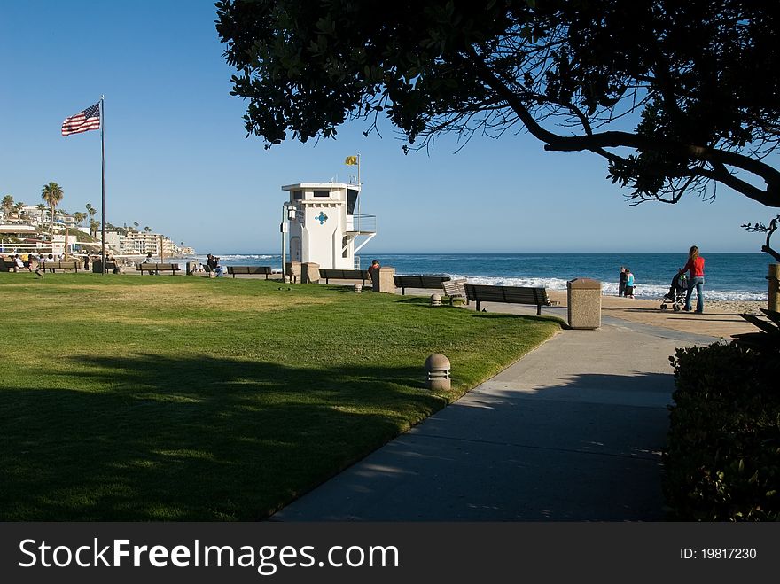 Main Beach boardwalk and lifeguard tower, Laguna Beach, California