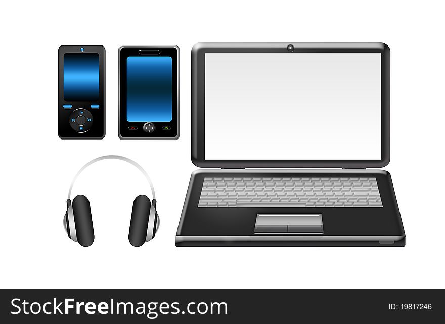 Computer, headphone, cellphone and mp3 isolated over white background. Computer, headphone, cellphone and mp3 isolated over white background