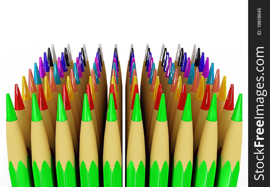 Several rows of colored pencils on white background. 3D