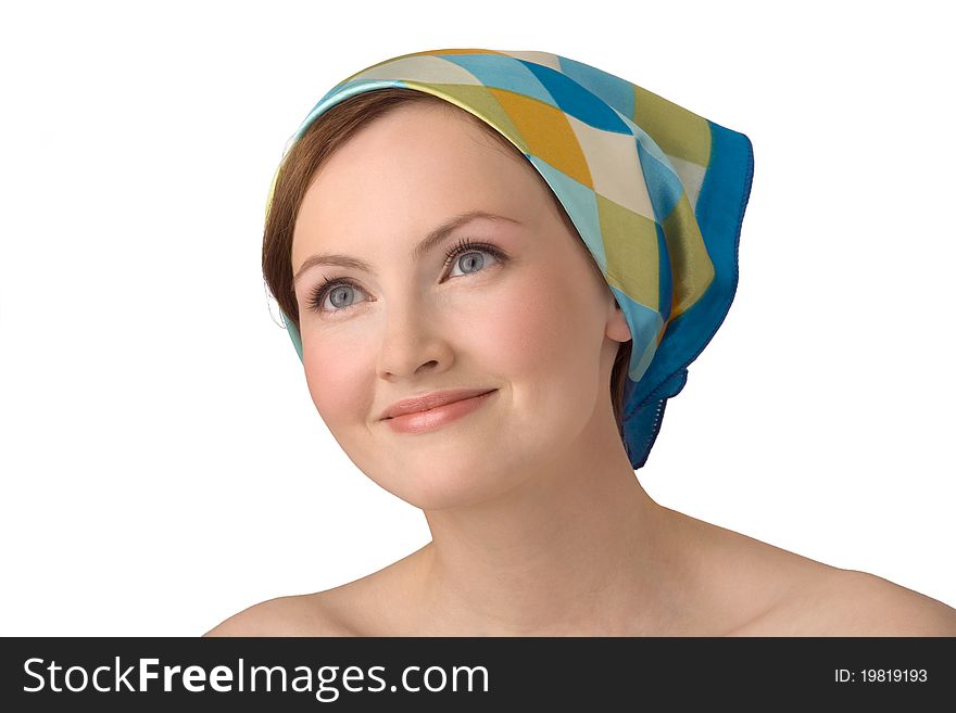 Portrait of young beautiful girl with naked shoulders, with kerchief on head. Portrait of young beautiful girl with naked shoulders, with kerchief on head.