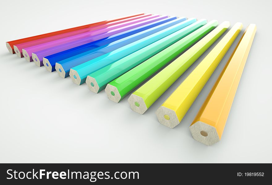 An array of colored 3D pencils pointing away from camera. An array of colored 3D pencils pointing away from camera