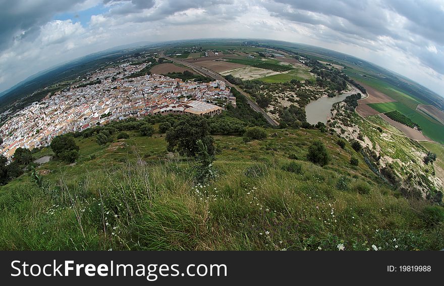 Andalusian town Almodovar del Rio fisheye view. Andalusian town Almodovar del Rio fisheye view