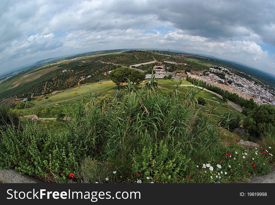 Rural Andalusian landscape near Almodovar del Rio seen by fisheye. Rural Andalusian landscape near Almodovar del Rio seen by fisheye