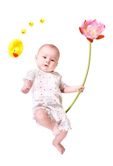 Baby With Big Flower And Toy Ducks Isolated Royalty Free Stock Image Baby With Big Flower And Toy Ducks Isolated Royalty Free Stock Image