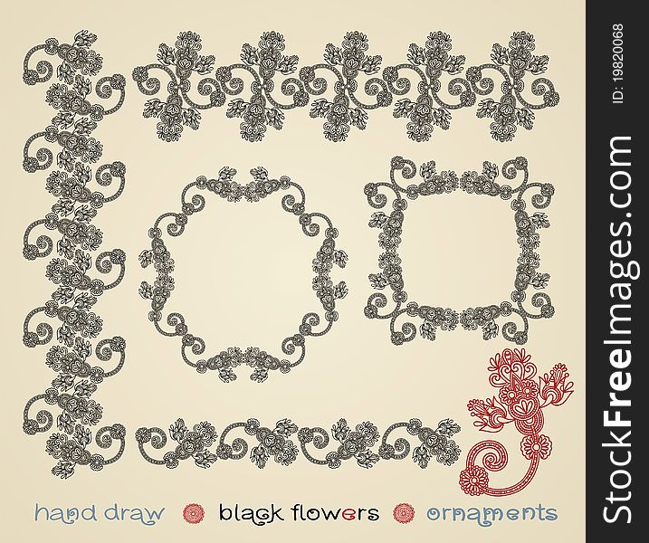 Hand draw black flowers ornaments and frame